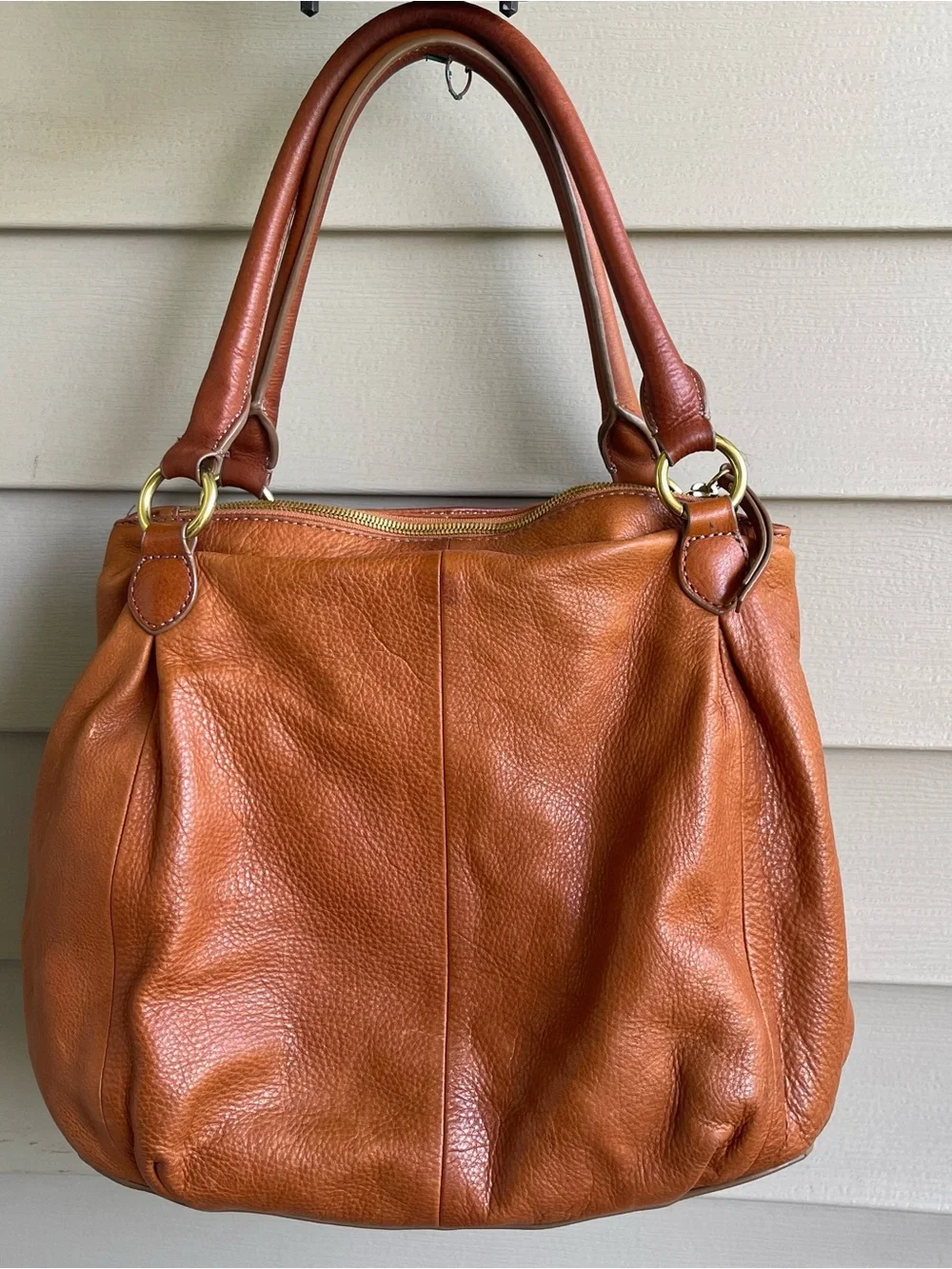 J.Crew Brompton Large Hobo Shoulder Bag Top Handed Cognac Brown Pebbled Leather